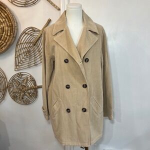 Vintage Cotton Corduroy Trench Coat Tan Double Breasted Long Coat USA 90s XL